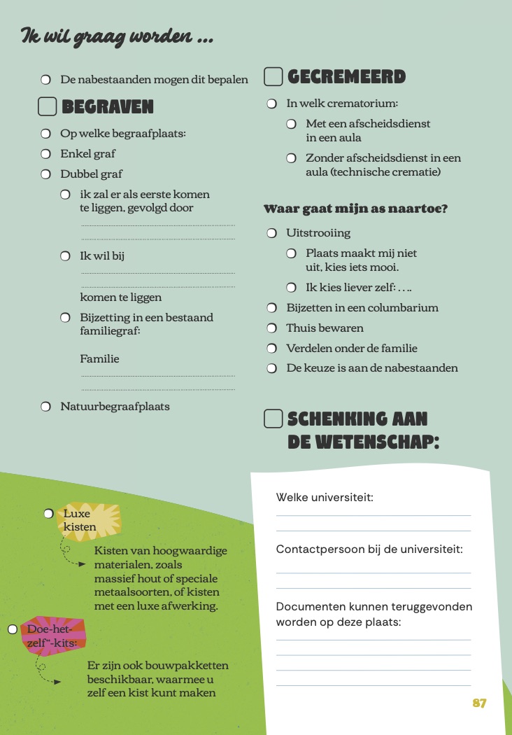 Invulpagina over begraven of cremeren uit Einder